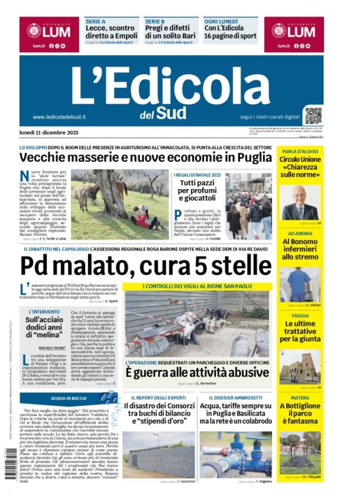 Prima Pagina L'Edicola del Sud (Basilicata) 11/12/2023