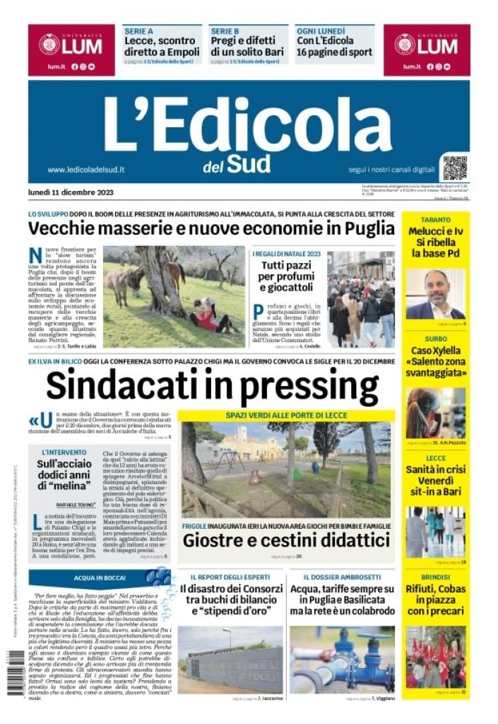 Prima Pagina L'Edicola del Sud (Brindisi) 11/12/2023