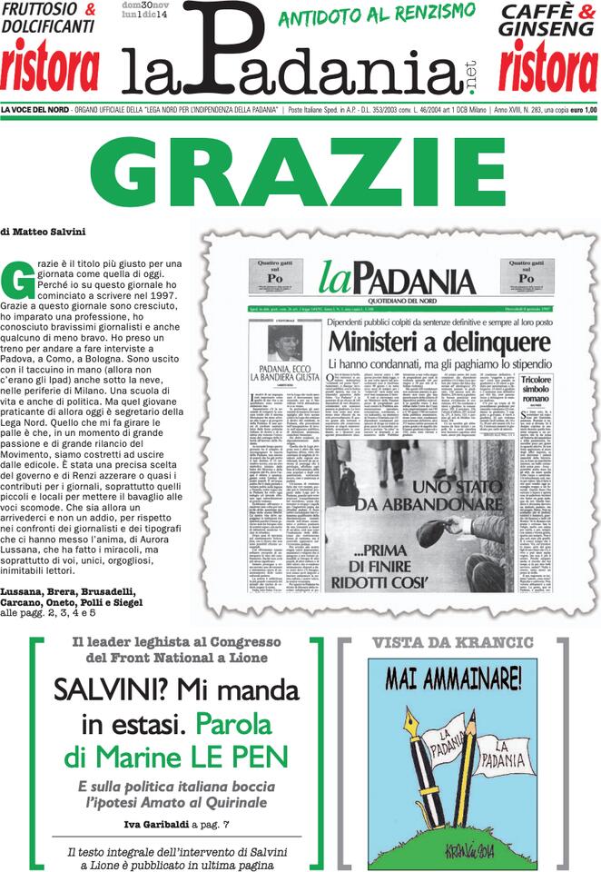 Prima Pagina La Padania 30/11/2014