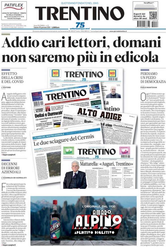 Prima Pagina Trentino 16/01/2021